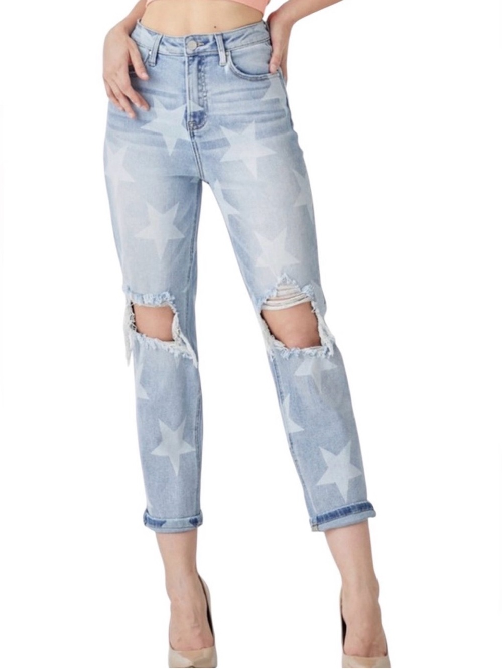 Risen Tiny Glory High Rise Slouch Light Blue Star-Print Flared Jeans